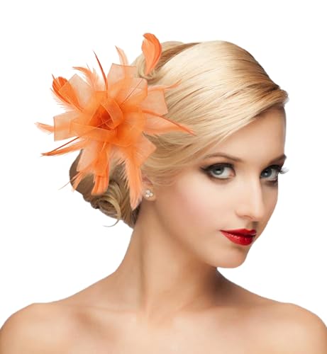 dressfan Womens Fascinator Hat Headpiece Vintage Wedding Mesh Feather Flower Hair Clip 20s 50s Headband Hair Accessories Headwear for Derby/Wedding/Cocktail/Tea Party HA5672-Orange