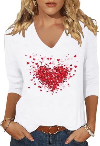 Image of Woffccrd Womens 3 /4 Sleeve V Neck T-Shirts Valentina's Day Spring Shirts Love Heart Printed Graphic Tees
