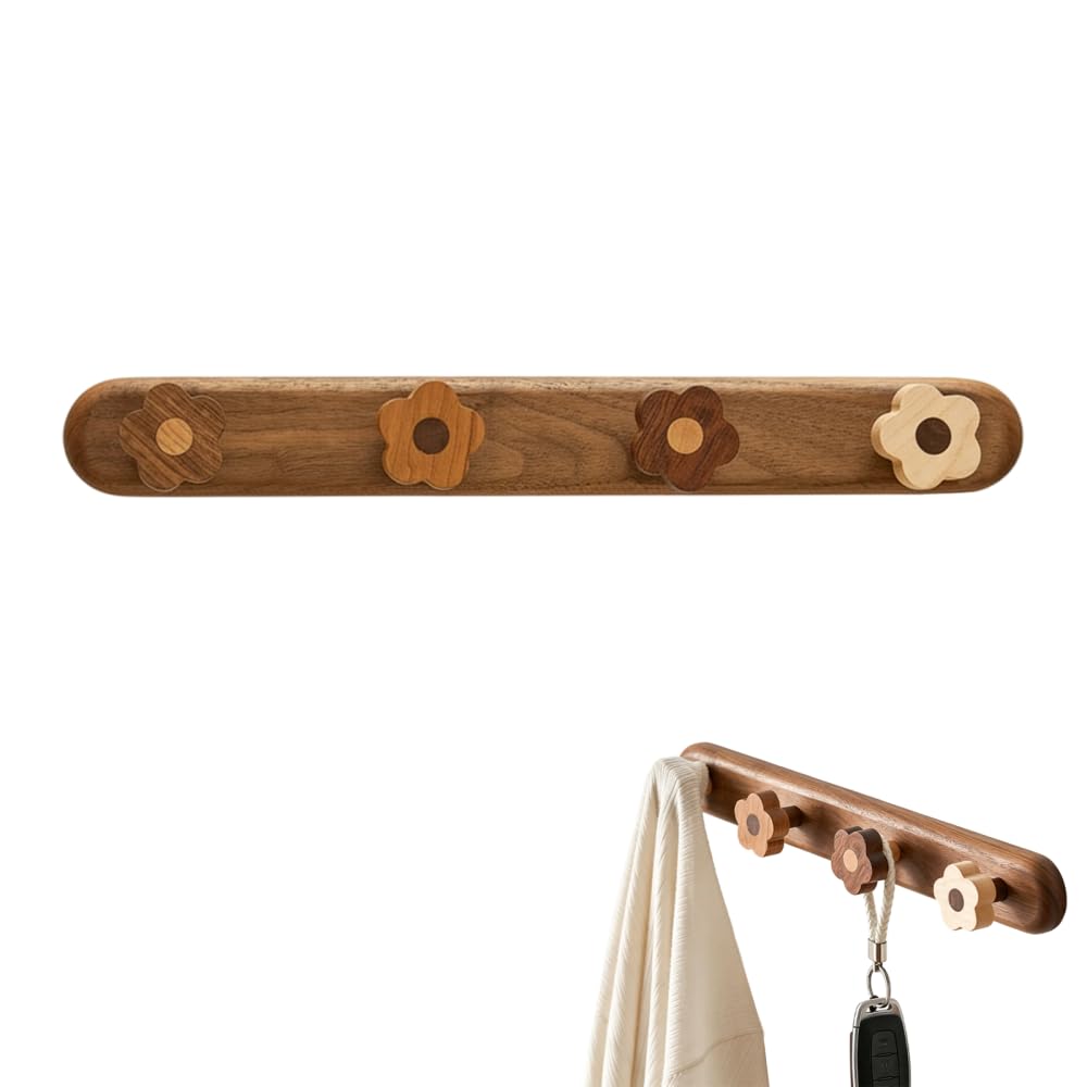 Bdkmms Brown Wooden Coat Hooks Wall Mounted, 38Cm Decorative Flower Wall Hanger Rail, Sturdy Natural Wood Coat Rack For Hallway Entryway Bathroom Living Room, Wall Mounted Hook Rack For Jackets Bags Towels