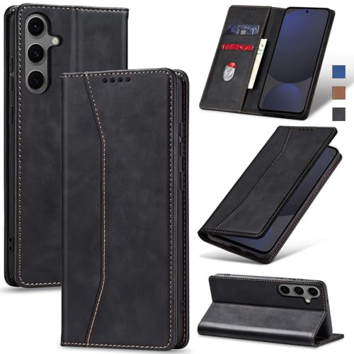 Image of Jasonyu Flip Wallet Case for Samsung Galaxy S24 FE,Leather Magnetic Folio Cover with Card Holder,Kickstand - TPU Shockproof Durable Protective Phone Case,Black