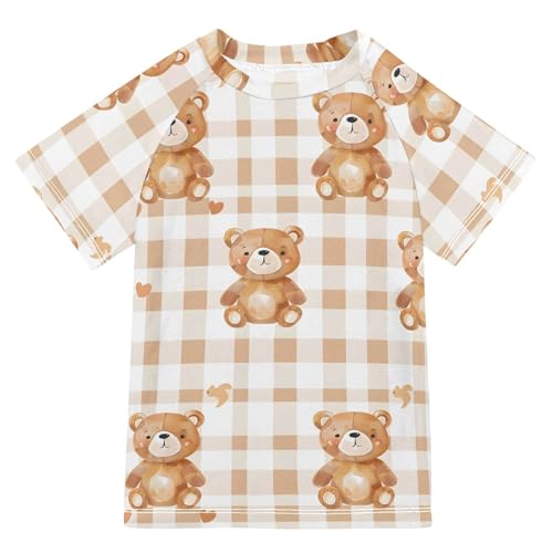 ALAZA Boys Swim Shirts Toddler Rash Guard Short Sleeve Rashguard Bear Checked UPF 50+ 11-12T