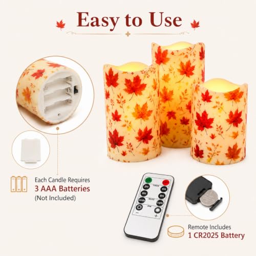 Image of Maple Leaf Flameless Candles with Remote Timer, 3 Pack LED Pillar Candles 4 /5 /6 Inch, Warm White Flickering Battery Operated Candles for Fall Thanksgiving Christmas Decor