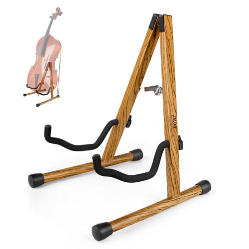 DIDA Cello Stand with Bow Holder, Wooden A-Shape Floor Stand with Padded Foam, Fits 1/2, 3/4, 7/8, 4/4 Full-Size, Cello Holder for Home and Studio Display (Zebrawood, Cello)