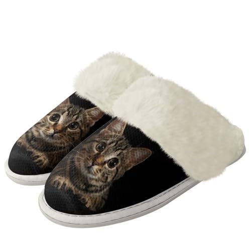 Cat Print Fluffy Slippers Warm Plush Flats Fuzzy Slippers with Arch Support for Women
