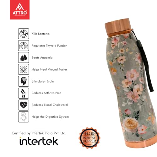 Image of ATTRO Curve Copper Bottle Design Boosts Immunity Leakproof & Lightweight |Anti-Bacterial, BPA Free with Secure Cap for School, Travel, Gym & Work 1000ml Alice Floral