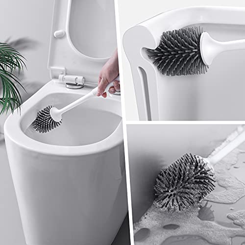 Image of Silicone Toilet Brush and Holder, Bathroom Toilet Bowl Cleaner Brush with No Scratch TPR Soft Bristles, Vented Holder and Anti-Slip Handle, Wall Mount /Freestanding, Grey