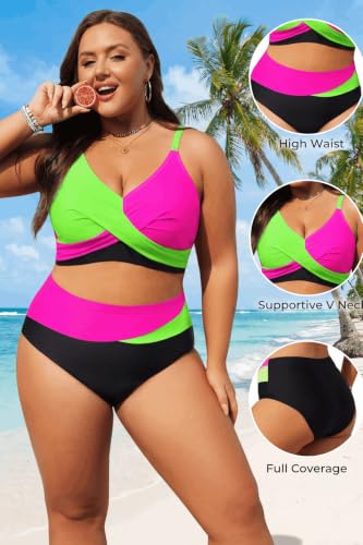 Image of Tempt Me Plus Size High Waisted Two Piece Swimsuit Color Block Bikini Set | Removable Padded Cups for Large Bust, Twist front Design, Color Block Style, Adjustable Straps