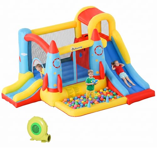Outsunny Castillo Hinchable con 2 Toboganes Cama de Salto y Piscina para Niños +3 Años con Inflador y Bolsa de Transporte para Interior Exterior 330x265x185 cm Multicolor