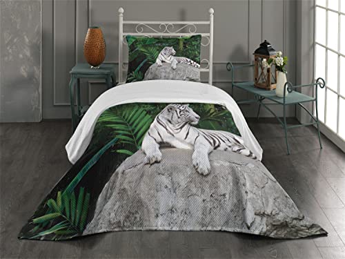 Ambesonne Savannah Coverlet, White Tiger Setting on Stone Tropic Plants Leaves Wild Jungle Majestic, 3 Piece Decorative Quilted Bedspread Set with 2 Pillow Shams, Twin Size, Pale Grey Beige Green