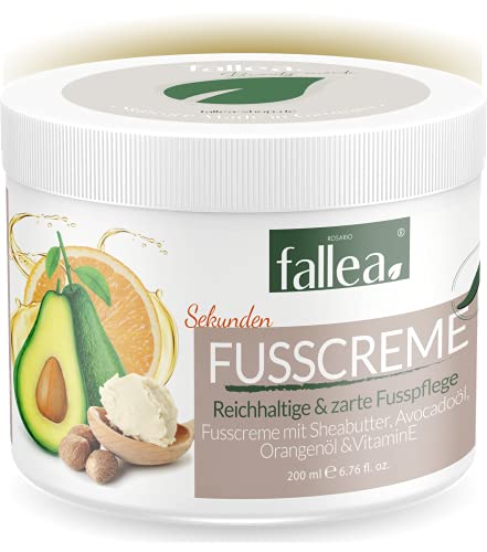 Fallea Sheabutter Sekunden Fußcreme mit Avocadoöl, Orangenöl & VitaminE | Reichhaltig gepflegte Füße 24h Feuchtigkeit | Fusspflege für trockene Füße und jeden Hauttyp (200ml) Cover