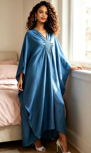 Image of RanRui Caftans for Women Solid Color Chiffon Plus Size Kaftan Dresses Beach Cover Up V Neck Batwing Sleeve Caftans Loungewear