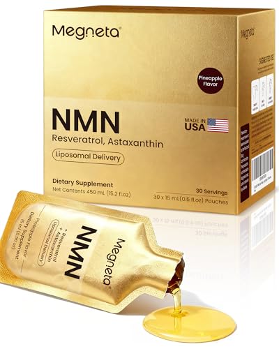 MEGNETA NMN 600mg Liposomal Liquid Pouches with Resveratrol 150mg PQQ CoQ10 & Astaxanthin-High Absorption NAD+ Supplement for Cellular Energy Healthy Aging & Longevity - Vegan - 30 Servings