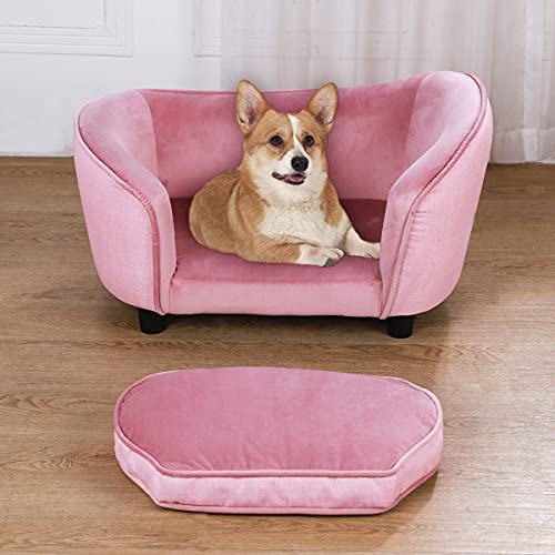 Pet Sofa Bed, Velvet Couch With Washable Cushion For Small Dog Cat, Gray (Pink) #TOP3