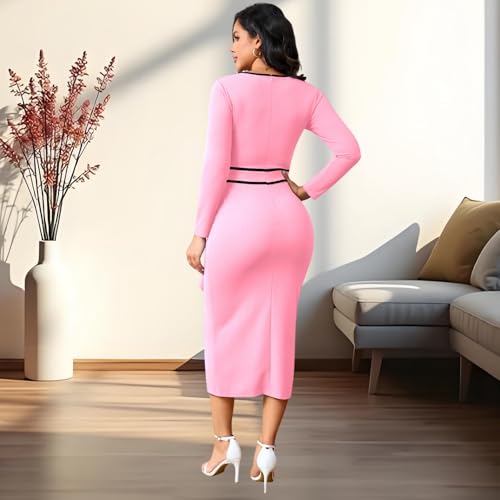 Image of Women's Elegant Church Vintage Bodycon Dress Casual Long Sleeve Work Business Pencil Split Sheath Midi Dresses