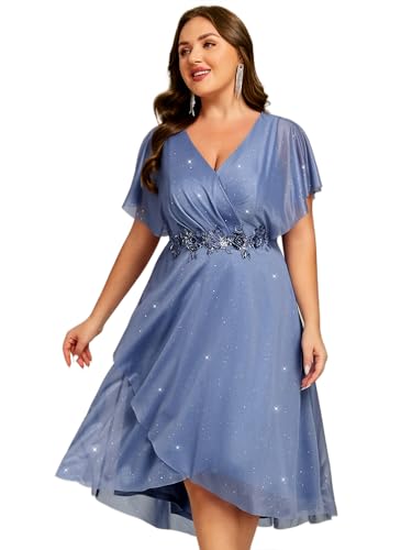 Image of Ever-Pretty Plus Women's V Neck Short Sleeves Pleated Applique High Low Glitter Midi Plus Size Wedding Guest Dresses