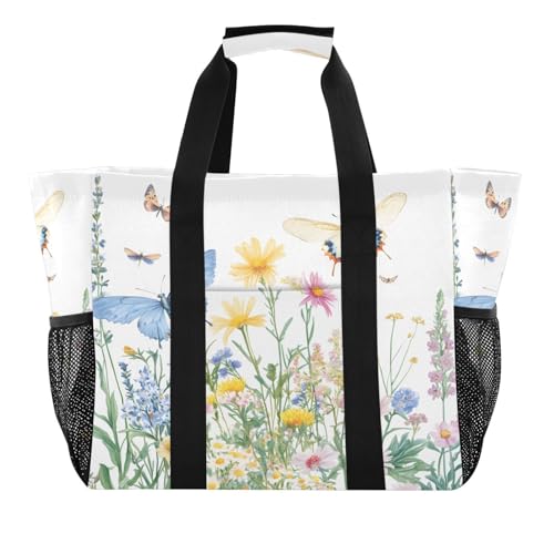 Large Waterproof Travel Tote Bag for Women Men, Spring Flower Herbs Butterfly Canvas Beach Bag with Lining & Pockets - Reusable Grocery/Laundry/Kitchen/Pool/Picnic Tote (15.4x9.8x12.8in)