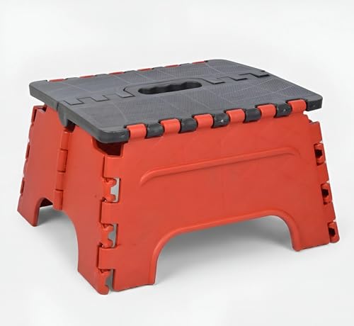 Image of 7 Inches Foldable Plastic Step Stool for Home & Kitchen, Portable Non-Slip Folding Stool, Heavy Duty Multipurpose Foot Rest for Bathroom, Office & Outdoor Use (Red-Black)