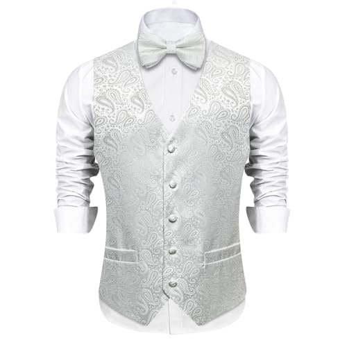 Image of DiBanGu Mens Paisley Suit Waistcoat,Silk Dress Vest and Bowtie Pocket Square Cufflinks with Lapel Pin Set for Wedding Tuxedo