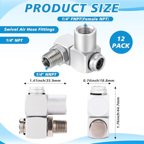 Image of 12 Packs 1 /4 Inch NPT 360 Degree Swivel Air Hose Connectors, Industrial Air Hose Fittings and Portable Compressor Tool Fittings(Sliver)
