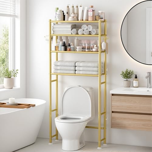 GloTika 4-Tier Over The Toilet Storage 200lb Total Capacity Metal Bathroom Organizer with 36 Clearance Includes Paper Holder & 4 Hooks Space Saving Rack for Bathroom Laundry Room (64 H Gold)