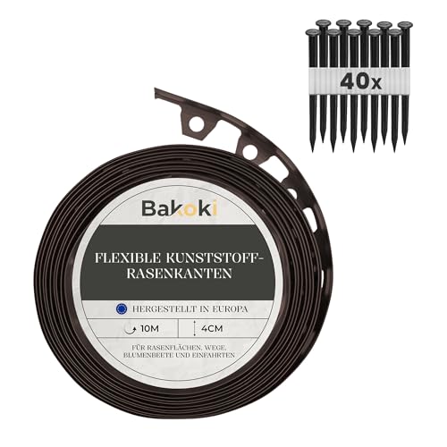 BAKOKI Flexible Rasenkante (10 m | 40 Erdanker | 4 cm Höhe) Braun Kunststoff Wetterbeständige Rasenabgrenzung Beeteinfassung Rund - Blumenbeet Umrandung - Mähkante