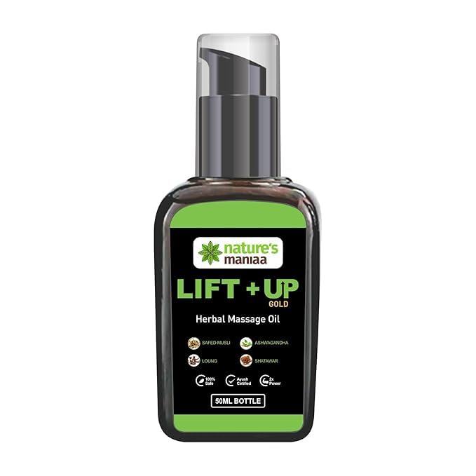 Nature'e Maniaa Lift Up Massage Oil For Date Night | 100% Natural Body Oil For Couples With Ashwagandha, Shatavar, Shilajit, Lawang, Safed Mushli & Almond Oil | Aromatherapy & Relaxing Massage Therapy | Perfect Glide & Smooth Skin | Aromatherapy Paradise Scent | Pack Of 1-50ml