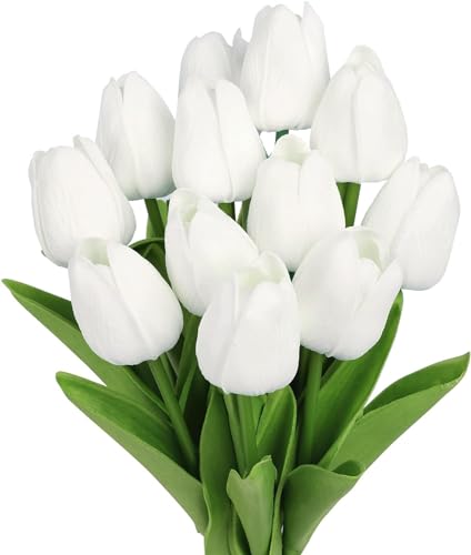 N&T NIETING Künstliche Tulpen, 12 Stück Künstliche Blumen Fake Tulpen PU Real Touch Latex Blume, Faux Weiß Tulpen Blumen Arrangement für Hochzeit Party Home Room Büro Dekoration, Weiß