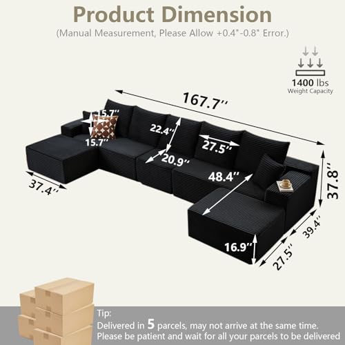 Image of 167.7 inch Sectional Cloud Couch for Living Room, Stupendous U Shaped Sofas, Modular Floor Deep-Seat Sofa, Big Comfy Corduroy Couches Set with Fluffy Memory Foam, No Assembly Required, Black