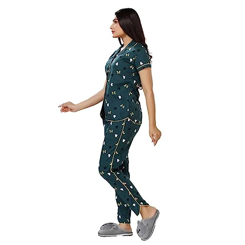 Image of Foxy Night Dresses for Women Cotton Night Wear Loungewear Printed Button-Closure Collar Shirt and Pyjama Set Comfortable Sleepwear Two Piece Night Suit Casual Wear