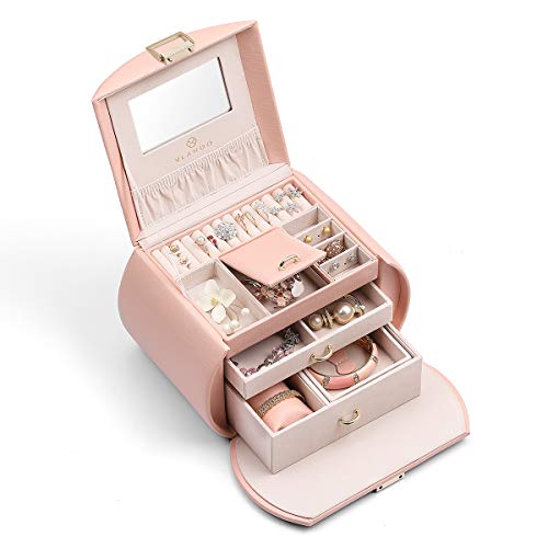 Vlando Mirrored Jewelry Box Organizers for Girls Women, Faux Leather Necklaces Earrings Rings Watch Storage Case (Pink)