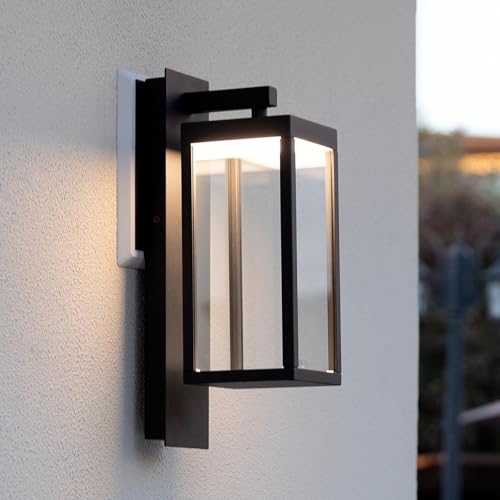 Outdoor Wall Light, Dusk to Dawn Outdoor Wall Lamp, Black LED Wall Sconce with Tempered Glass & Aluminum, Waterproof Wall Mount for Garage, Porch, Pathway, Garden, Patio, Modern Black Outdoor Lighting