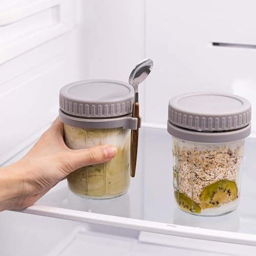 Image of PATZY 350 ml Oats Container With Lids And Spoon set of pc Glass Mason Jars For Overnight Oats Leak Proof Container with Measurment For Cereal Fruit Vegetable Milk Salad Yogurt (Multicolor) (6)