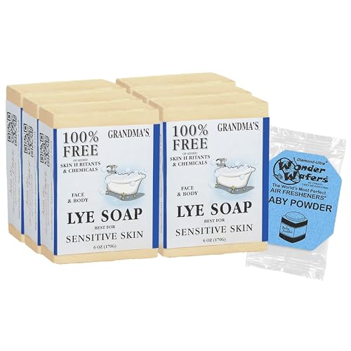 Grandmas Pure Lye Soap Bar by CLASSYONE Unscented Face & Body Wash Soap for Dry & Itchy Skin Bundled with Wonder Wafers Baby Powder Air Freshener - 6.0 oz Pack of 6