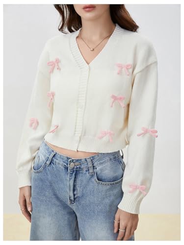 SHENHE Women's Bow Sweater Cardigan Button Down V Neck Lightweight Knit Cropped Cardigan3