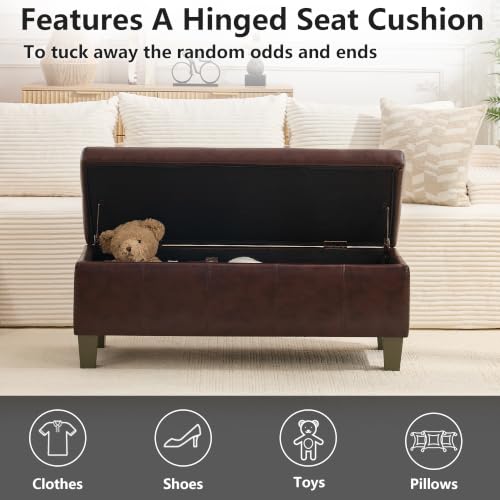 Image of 41 inch Storage Ottoman, Storage Bench with Safety Hinge, Upholstered Synthetic Leather Ottoman Bench for Bedroom, Living Room, Entryway, Hallway, Foot Rest, Support 500lbs