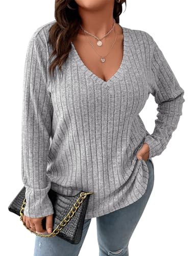 Image of Koscacy Women Plus Size Casual Knit Sweater V Neck Solid Color Tops Lightweight Long Sleeve Blouses