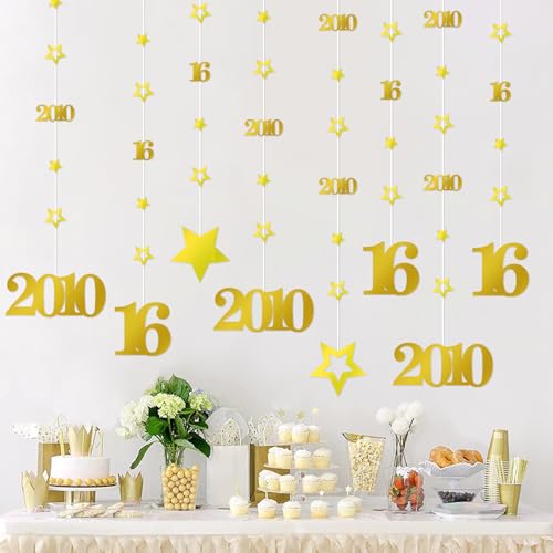 Image of Eucutur Gold Sweet 16 Party Decorations for Boys Girls, Pre-Strung Glitter Twinkle Number 16 Years Old Vintage 2010 Hanging Streamer Banner Party Supplies, Gold Happy 16th Birthday Gift Decor
