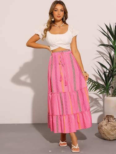 Allegra K Women's Beach Maxi Skirt Tassels Straps Flowy Pattern Tiered Pleated Skirts3