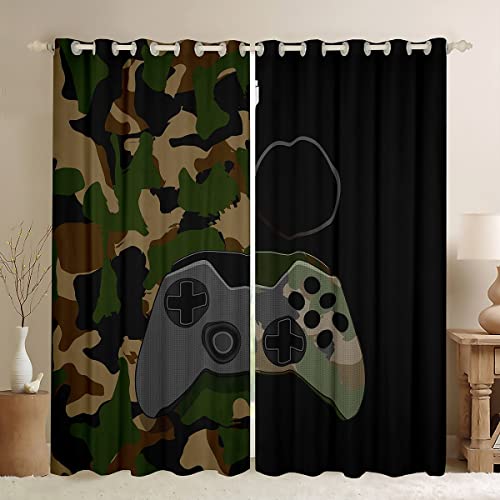 Gamer Curtains Camouflage Gamepad Printed Window Curtains Army Green Video Games Decor Player Gaming Window Drapes For Adult Girls Kids Teens Boys Living Room Bedroom Curtain Panels,2 Panels 42"X84" #TOP27
