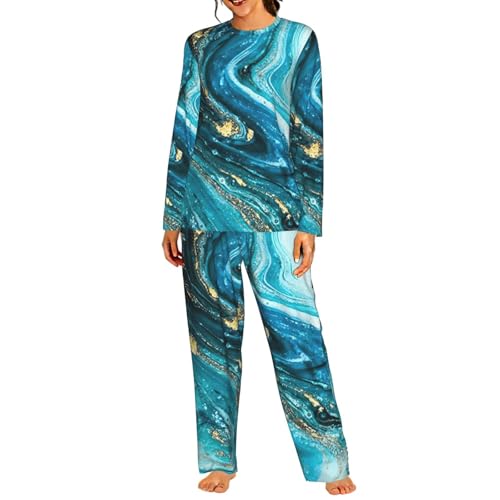 Pyjama femme bleu turquoise imprimé marbre pour vos soirées cocooning