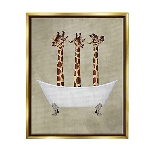 Image of Stupell Industries 'Three Giraffes In A Bathtub'| Floating Frame Canvas Art | Stupell Industries | Gold, 17 x 21 Inches, Easy to Hang and Sturdy, Made in USA, by Coco de Paris