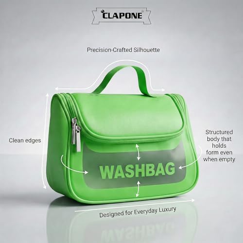 Image of Cosmetic Bag for Women, PU Leather Makeup Pouch, Large Capacity Travel Makeup Organizer with Divider & Handle, Waterproof Portable Vanity Storage Bag for Toiletries (Washing Bag-Green)