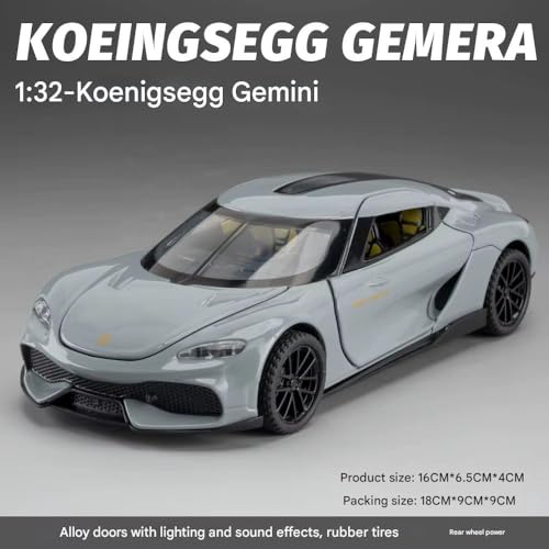 Image of FEXXA 1:32 Scale Koenigsegg Gemera Die-Cast Metal Car with Sport car Openable Doors Light and Sound,Pull Back Function Indoor Outdoor Toy for Kids (Grey)