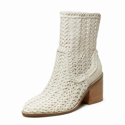 Women's Crochet Ankle Boots Almond Toe Stacked Chunky Heel Booties Comfort Woven Hollow Pull-On Boots Fashion Party Dress Vacation Heeled Shoes