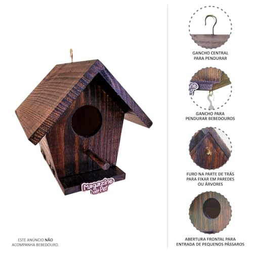 Casinha Ninho para Pássaros, Madeira, Pintada Marrom Escuro, Design Artesanal com abertura porta