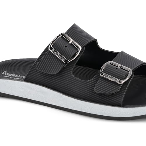Image of WALKAROO Men's Double Buckle Slide Sandals with Adjustable Straps, Textured Linx Design, Soft Cushion Footbed, Lightweight PU Sole, Daily Wear Sandals- WE1333 Linx Black