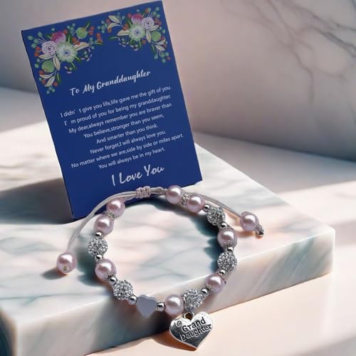 DOLON Handmade Rhinestone Crystal Pink Faux Pearls Beaded with Heart Granddaughter Charm Bracelet Gift Adjustable for Birthday Holiday Christmas by DOLON - Used condition - Image 4