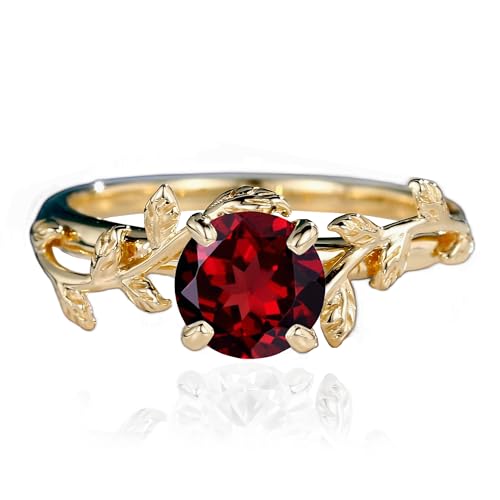 10K/14K/18K Solid Gold Vintage 1 Carat Round Gemstone Engagement Rings for Women Leaf Design Vine Art Deco Birthstone Promise Anniversary Ring for Her Wife Bridal Size 4~12