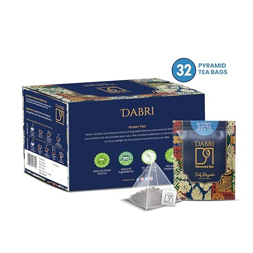 Image of Dabri Blue Flower Butterfly Pea Green Tea 32 pyramid Dip Tea Bags|Natural Loose Leaves with Blue Flower Herbal Blend|Farm Fresh|Rich Antioxidants|Helps Regulate Blood Sugar|Supports Hair, Skin Health