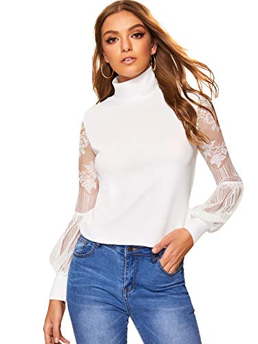Floerns Women s High Neck Lace Lantern Long Sleeve Top Blouse White M